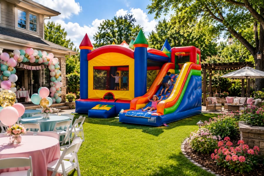 Party rental setup at a backyard celebration