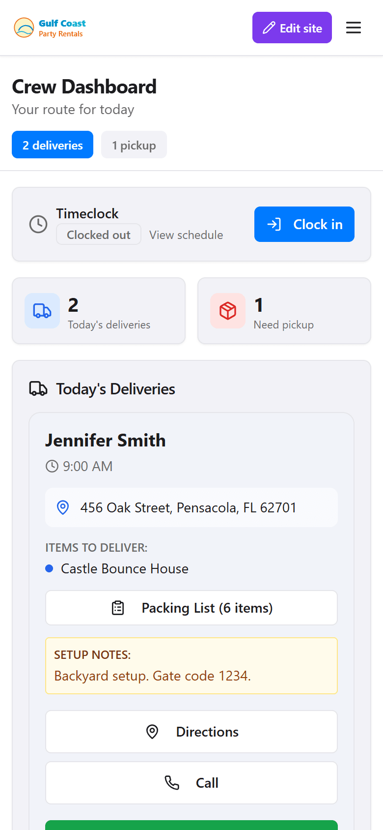 Crew mobile dashboard - today's deliveries with mark as delivered button