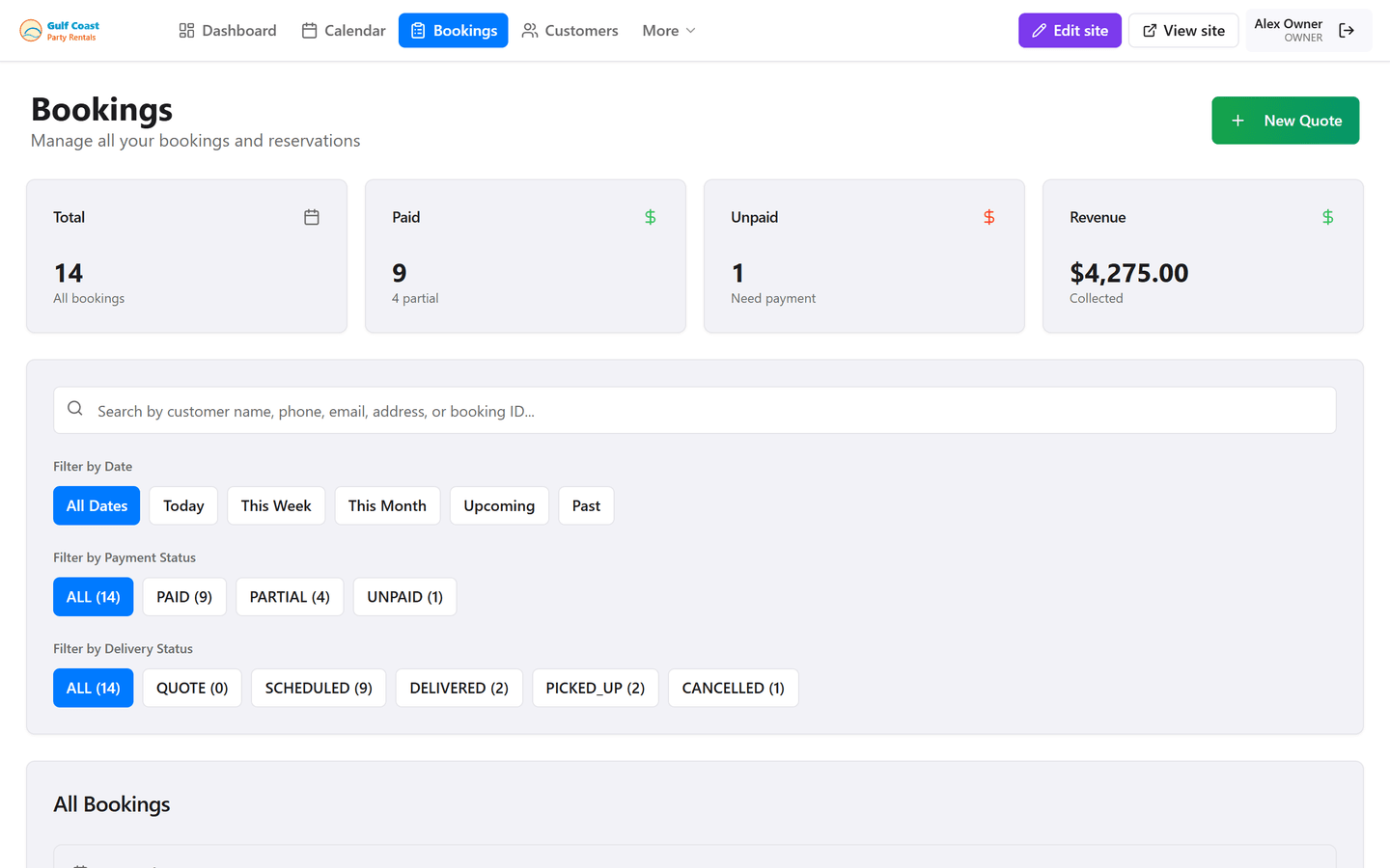 Bookings dashboard showing paid, unpaid, and revenue stats