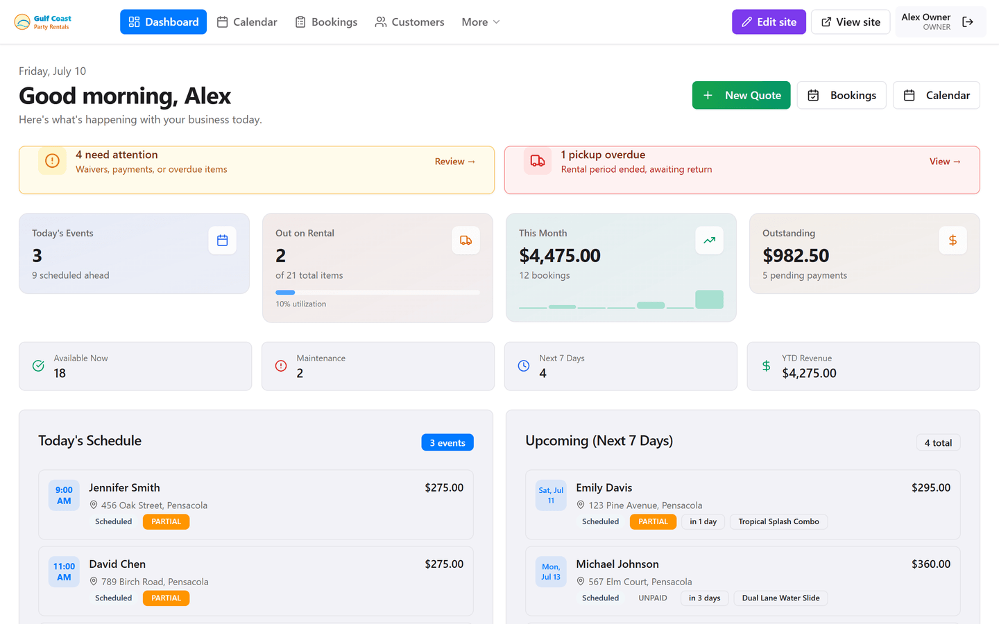 InflataHQ owner dashboard showing today's deliveries, revenue, and bookings