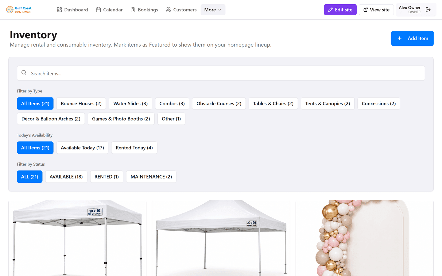 Inventory grid with tents, balloon décor, and party rental photos