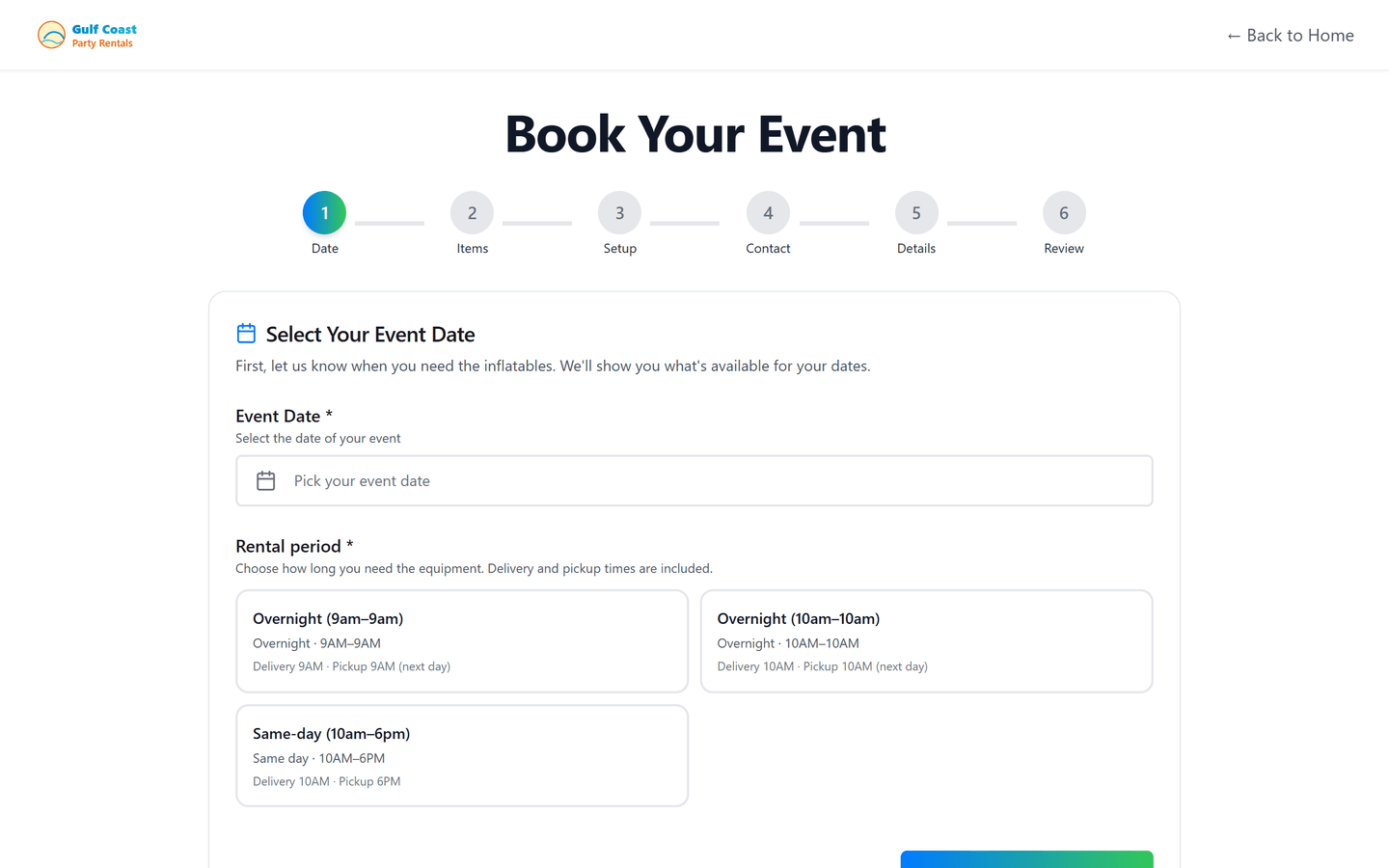 Online booking flow - date selection step